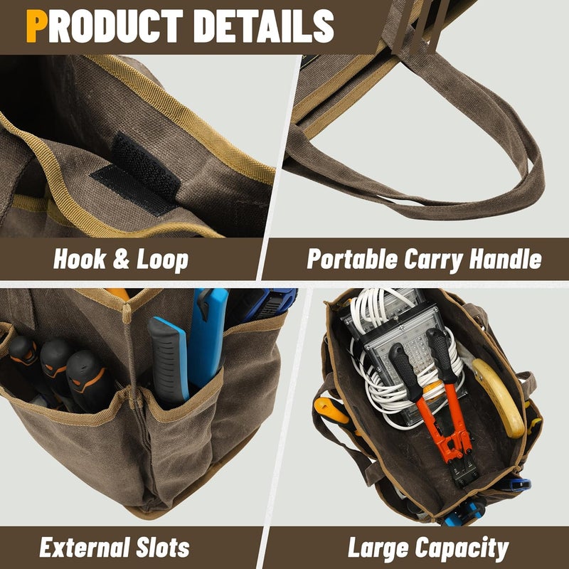 Kaaltisy 16OZ Waxed Canvas Tool Tote Bag for Garden Tools Wrench Set & Screwdrivers | 11-Pocket Garden Tool Bag with Portable Handles, Multi-Purpose Tool Storage Organizer (14"L x 5.5"W x 10.5"H) – Grey - Image 3